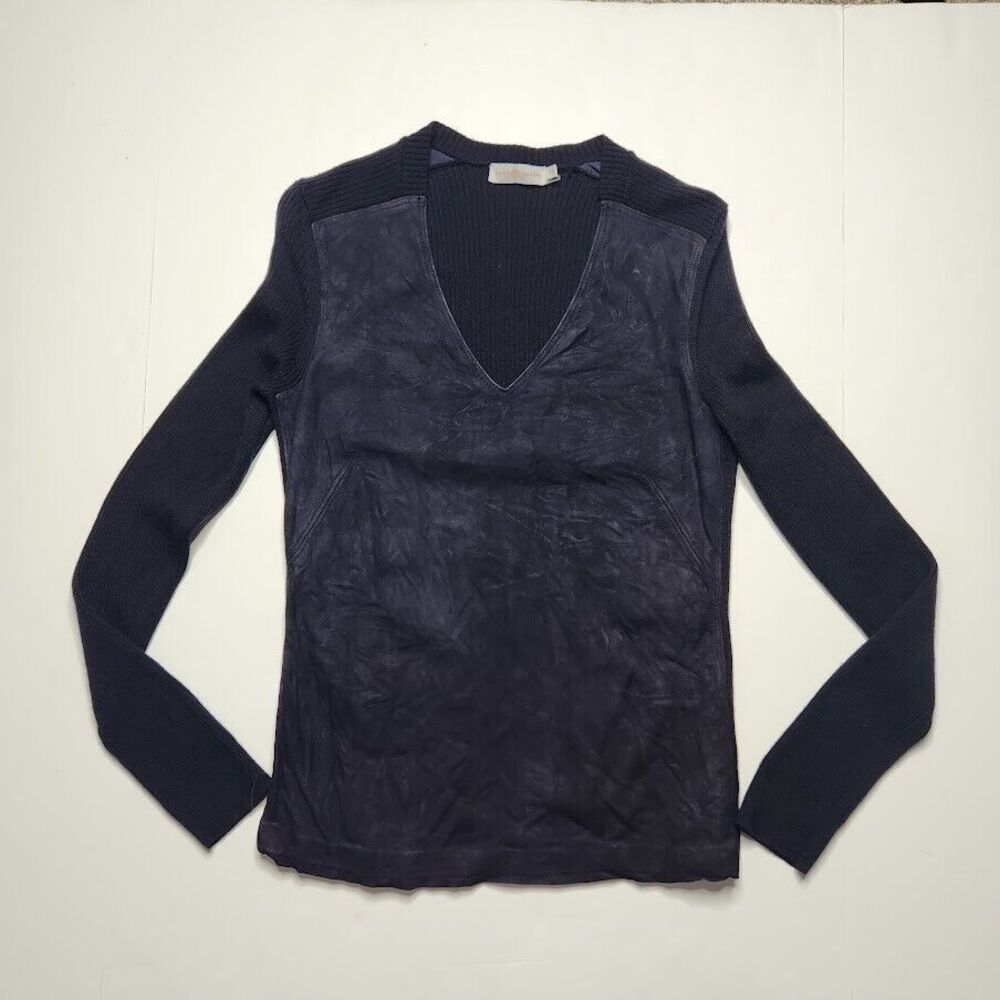 Tory Burch Sweater Women's Medium Navy Suede Front Ribbed Back V-Neck Pullover